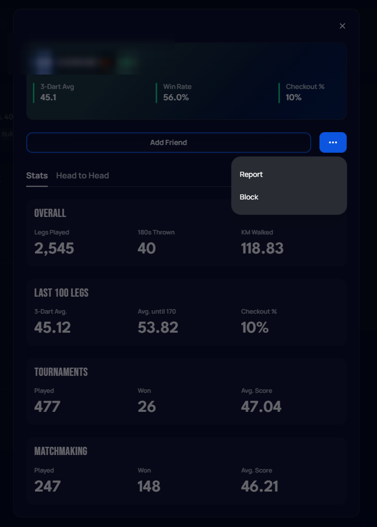 Player card for a player who is not a friend, showing Add Friend and the extended menu with only Report/Block