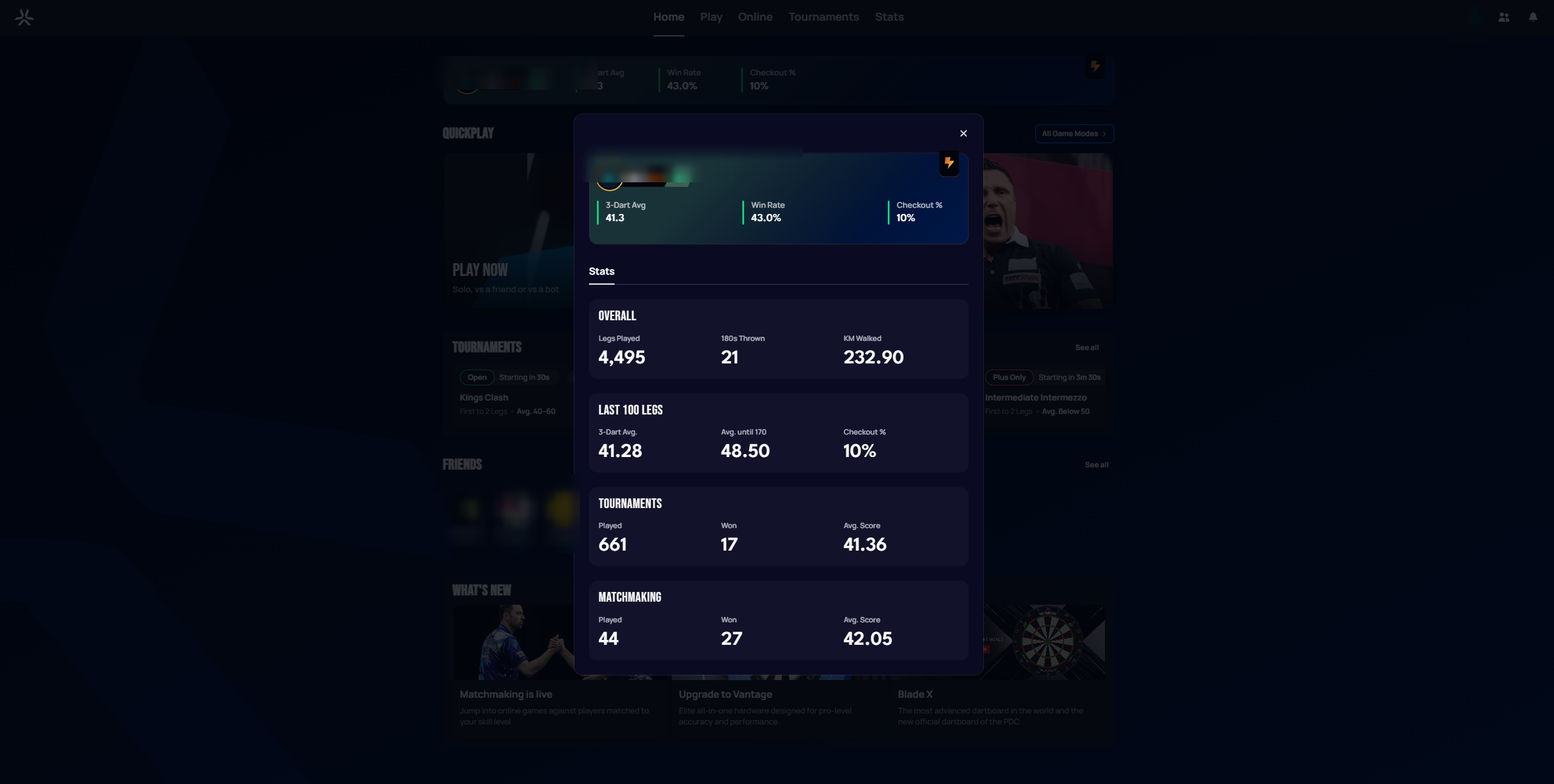 Home page with your own player card open, showing the Stats tab with Overall, Last 100 Legs, Tournaments, and Matchmaking sections